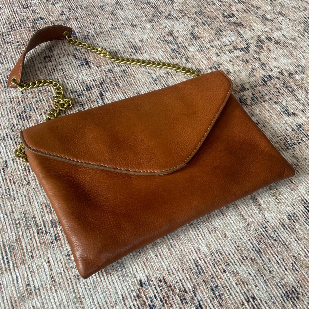 ๐SOLD J. Crew Tan Leather Chain Strap Envelope Clutch Shoulder Bag - Picture 2 of 8